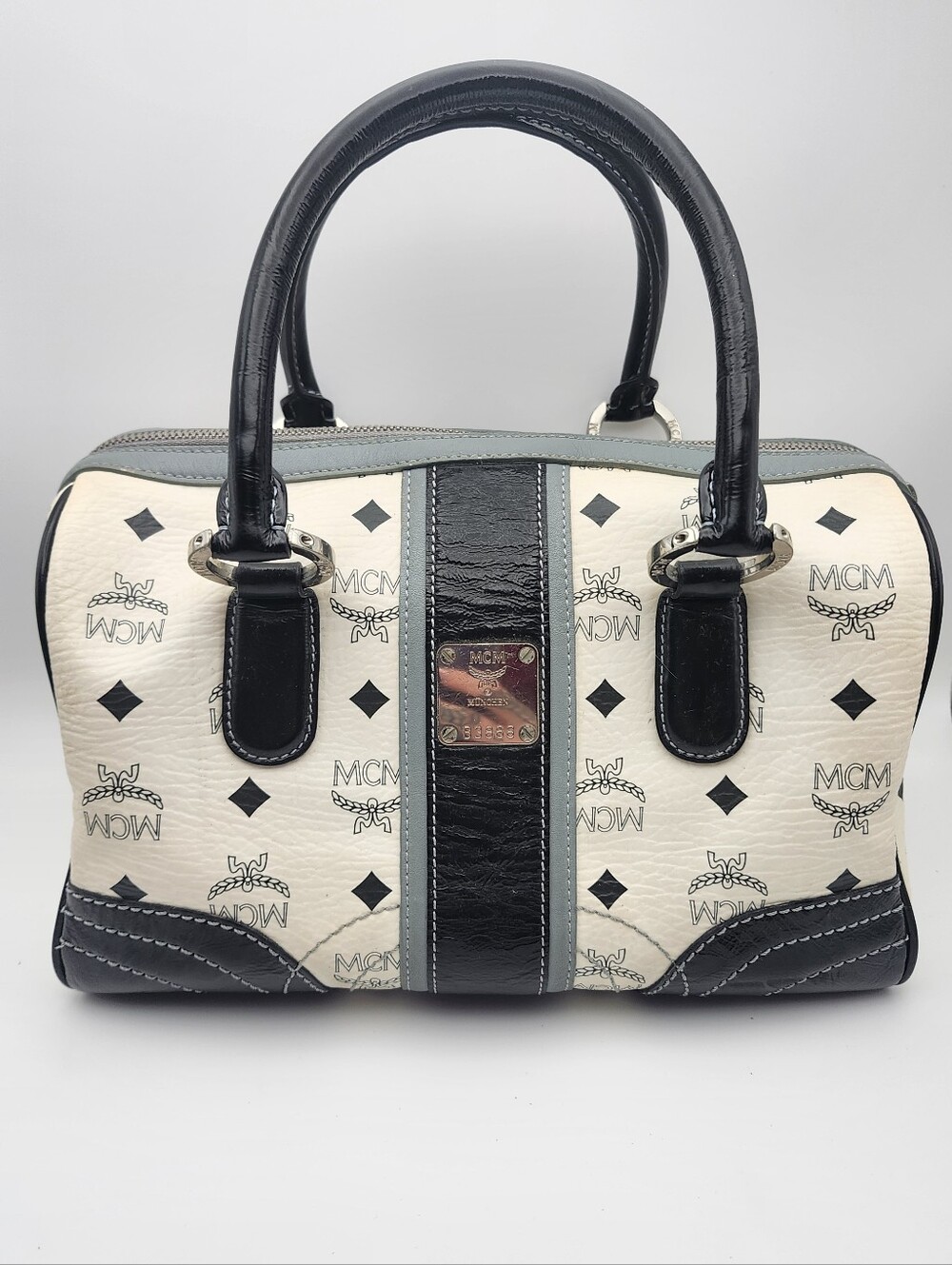 Authentic Preloved MCM White & Black Visetos Satchel Purse